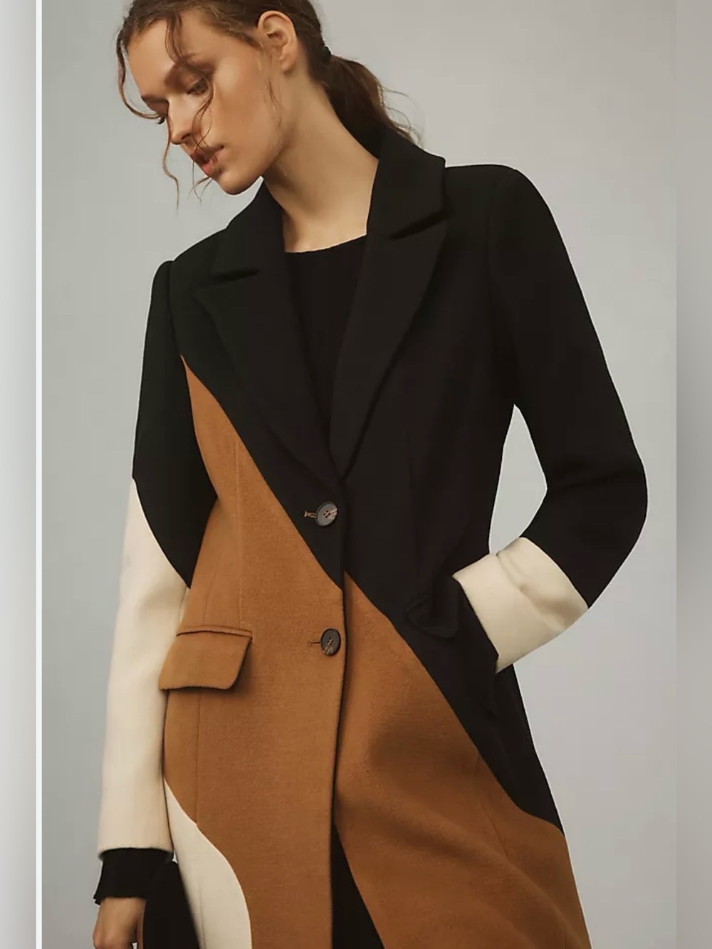 Avec Les Filles Wavy Colorblock Long Coat in Black, Camel & Cream Large